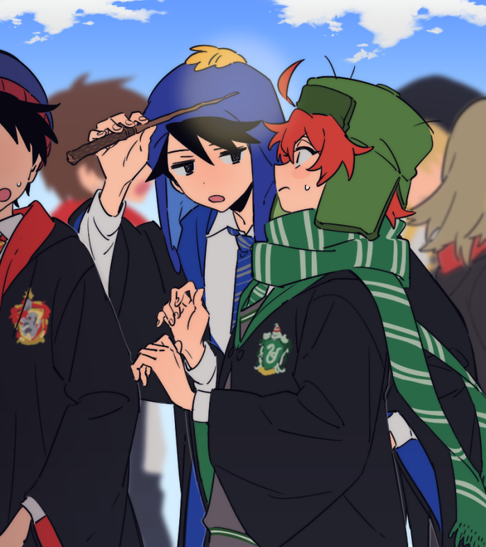 1girl 4boys black_eyes black_hair chullo cloak collared_shirt craig_tucker fur_hat gryffindor harry_potter_(series) hat hogwarts_school_uniform holding holding_wand kyle_broflovski long_sleeves male_focus multiple_boys necktie open_mouth orange_hair ravenclaw scarf school_uniform shirt slytherin south_park stan_marsh striped_clothes striped_necktie striped_scarf sweat sweater ten_(lu2948d) ushanka wand wizarding_world