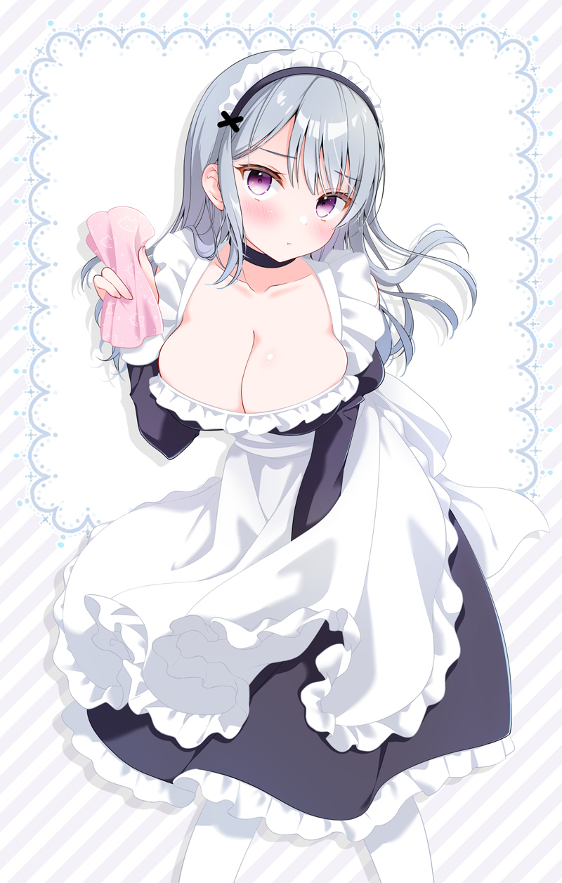 1girl apron black_dress blush breasts cleavage closed_mouth collarbone commentary_request diagonal-striped_background dress frilled_apron frilled_dress frills grey_hair hand_up highres holding juliet_sleeves large_breasts long_hair long_sleeves looking_at_viewer maid maid_apron maid_headdress murasaki_(murasakiiro_no_yoru) original pantyhose puffy_sleeves purple_eyes solo striped_background very_long_hair white_apron white_pantyhose