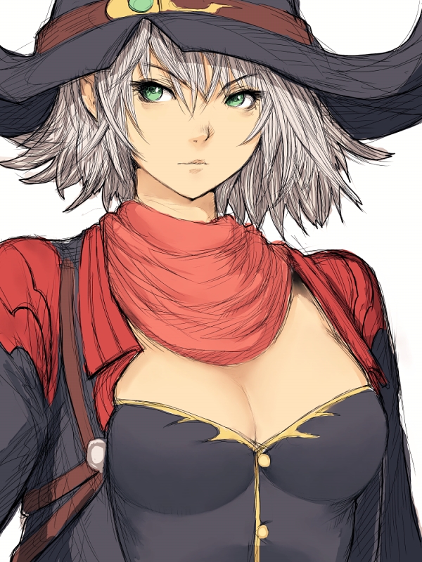 1girl banpresto breasts cleavage cowboy_hat cowboy_western female_focus fumio_(rsqkr) genderswap genderswap_(mtf) green_eyes harken_browning hat large_breasts scarf solo super_robot_wars super_robot_wars_og_saga_mugen_no_frontier upper_body white_hair witch_hat