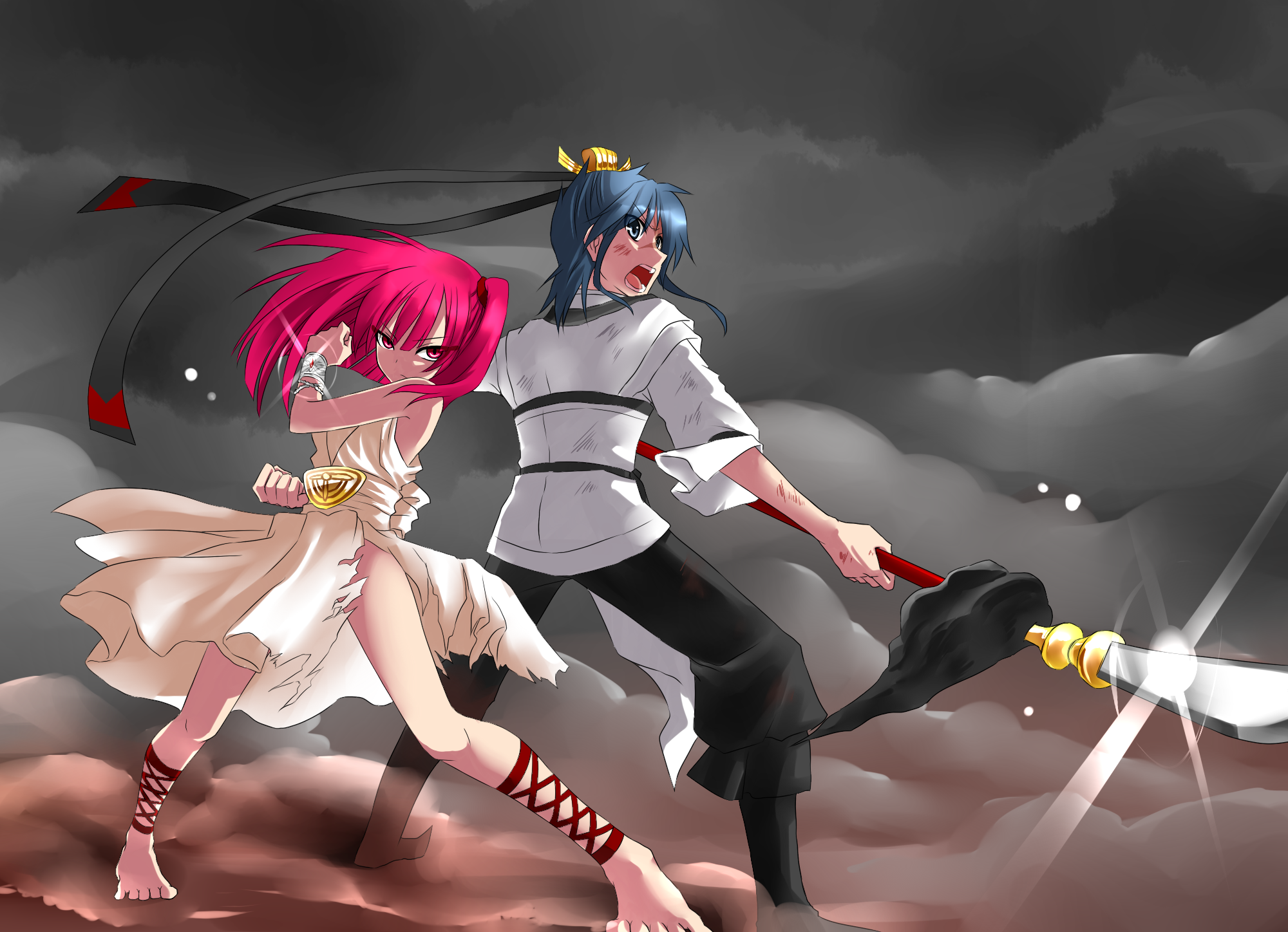 1boy 1girl ankle_lace-up barefoot blue_hair bracelet chinese_clothes dress fighting_stance guan_dao hair_ornament hanfu highres jewelry kaikai magi_the_labyrinth_of_magic morgiana polearm red_eyes red_hair ren_hakuryuu scar scratches spear torn_clothes weapon