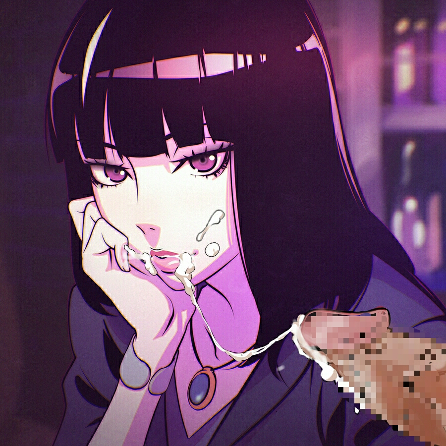 1boy 1girl after_fellatio arm_support black_hair black_shirt bracelet collarbone cum cum_on_body death_parade facial indoors jewelry kurokami_no_onna long_hair looking_at_viewer naughty_face necklace penis purple_eyes shirt