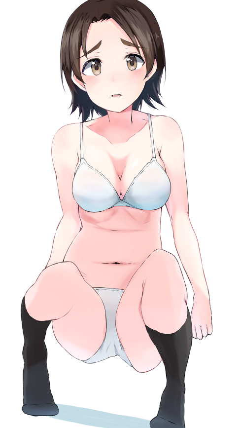 1girl blush breasts brown_hair eyebrows female_focus girls_und_panzer large_breasts looking_at_viewer monochrome_background navel open_mouth panties sawa_azusa short_hair simple_background solo tsuru_(tsubasa1993621) underwear white_background white_panties