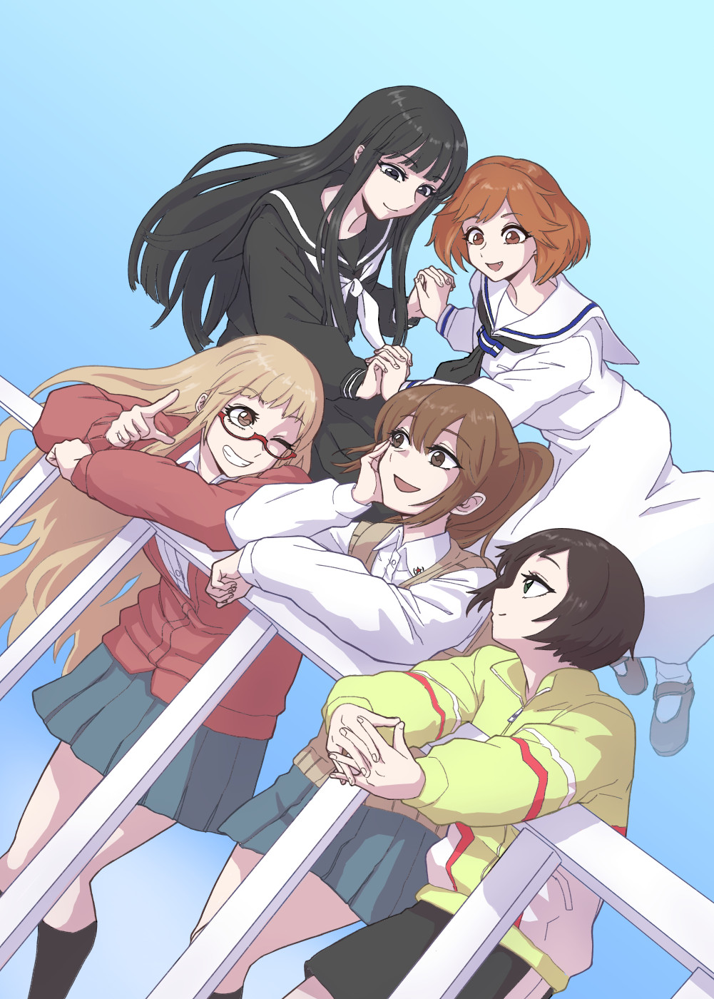 5girls against_railing ano_fuji black_eyes black_hair black_neckerchief black_serafuku black_shorts black_socks blue_skirt blue_sky brown_eyes brown_footwear brown_hair brown_sweater_vest colorized commentary_request dutch_angle enoki_sachi floating gari ghost glasses green_eyes grin highres holding_hands interlocked_fingers jacket kneehighs komano_hina leaning_forward long_hair long_sleeves looking_at_another looking_down miniskirt multiple_girls nagatani_megumi neckerchief okujou_no_yurirei-san on_rooftop open_mouth ponytail railing red_jacket sailor_collar school_uniform serafuku shirt shoes short_hair shorts skirt sky smile socks sportswear sweater_vest textless_version toomi_yuna uwabaki very_long_hair watching white_neckerchief white_sailor_collar white_serafuku white_shirt yellow_jacket yuri