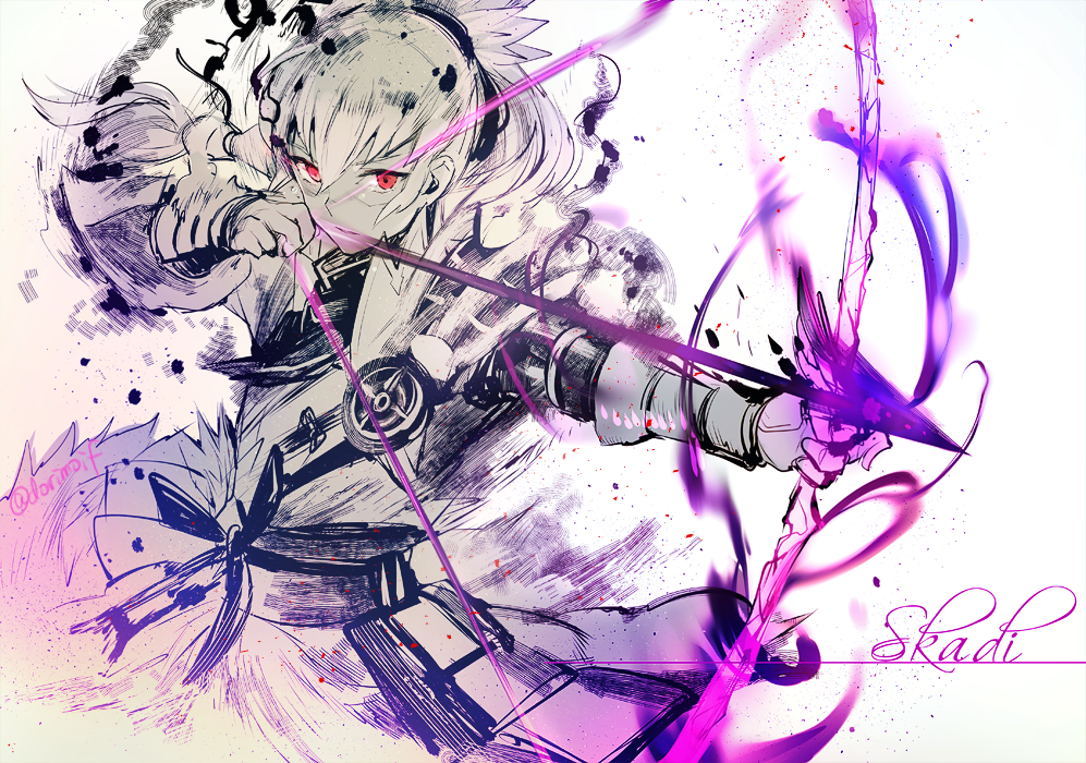 1boy aiming bow_(weapon) dark_persona fire_emblem fire_emblem_fates gloves holding holding_bow_(weapon) holding_weapon japanese_clothes long_hair male_focus miyuki_ruria nintendo ponytail purple_aura solo takumi_(empty_vessel)_(fire_emblem) takumi_(fire_emblem) weapon yumi_(bow)