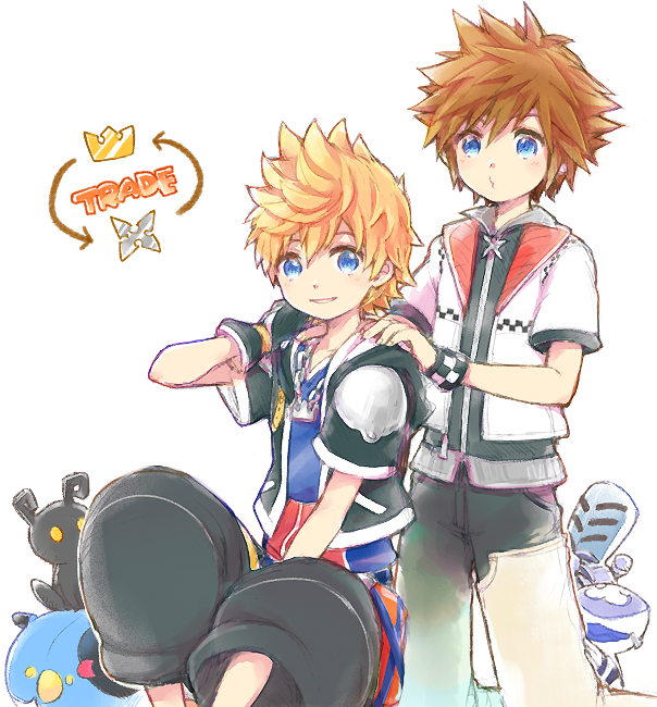 2boys alternate_costume between_legs black_gloves black_jacket black_pants black_vest blonde_hair blue_eyes blue_shirt brown_hair chain chain_necklace checkered_clothes commentary_request cosplay costume_switch crown dream_eater_(kingdom_hearts) english_text gloves grin hand_between_legs hand_on_another&#039;s_hand hand_on_own_shoulder hand_up happy heartless_(kingdom_hearts) hood hood_down hooded_jacket jacket jewelry kingdom_hearts kingdom_hearts_ii looking_at_another looking_at_viewer male_focus multiple_boys necklace nobody_(kingdom_hearts) open_clothes open_jacket outline pants pendant pouch puffy_pants roxas shirt short_hair short_sleeves sitting smile sora_(kingdom_hearts) spiked_hair thigh_pouch upper_body vest white_background white_jacket white_outline wristband yubon