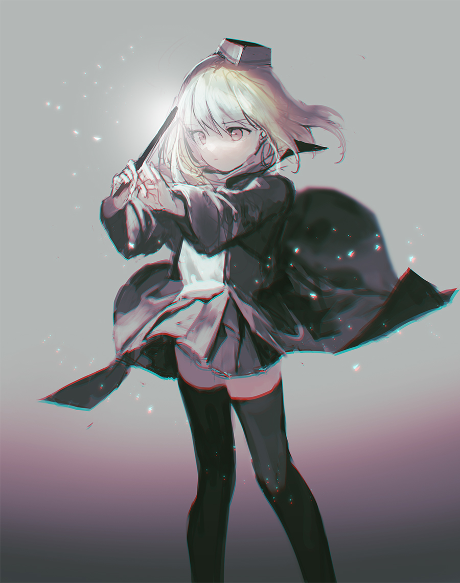 1girl arknights black_coat black_thighhighs blonde_hair brown_eyes coat durin_(arknights) hair_flowing_over holding holding_wand kouka_(mrakano5456) solo thighhighs wand wide_sleeves