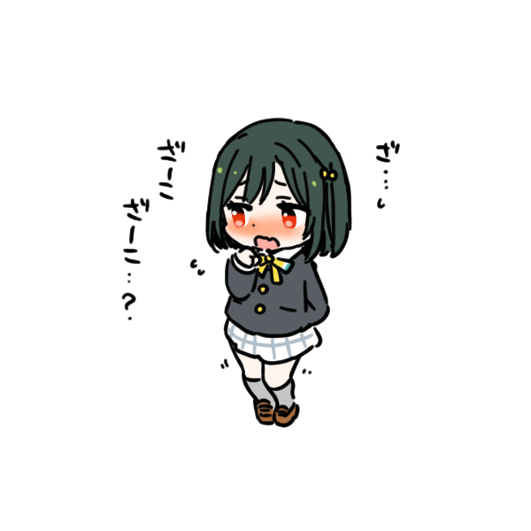 1girl arm_behind_back black_jacket blush brown_shoes chibi chibi_only collared_shirt commentary_request dress_shirt embarrassed fidgeting flying_sweatdrops full_body green_hair grey_socks jacket kneehighs loafers long_sleeves love_live! love_live!_nijigasaki_high_school_idol_club mifune_shioriko miniskirt neck_ribbon nijigasaki_school_uniform nose_blush plaid_clothes plaid_skirt pleated_skirt red_eyes ribbon school_uniform shinanoya_(satanicad) shirt shoes short_hair simple_background skirt socks solo standing white_background white_shirt white_skirt winter_uniform yellow_ribbon zako_(phrase)