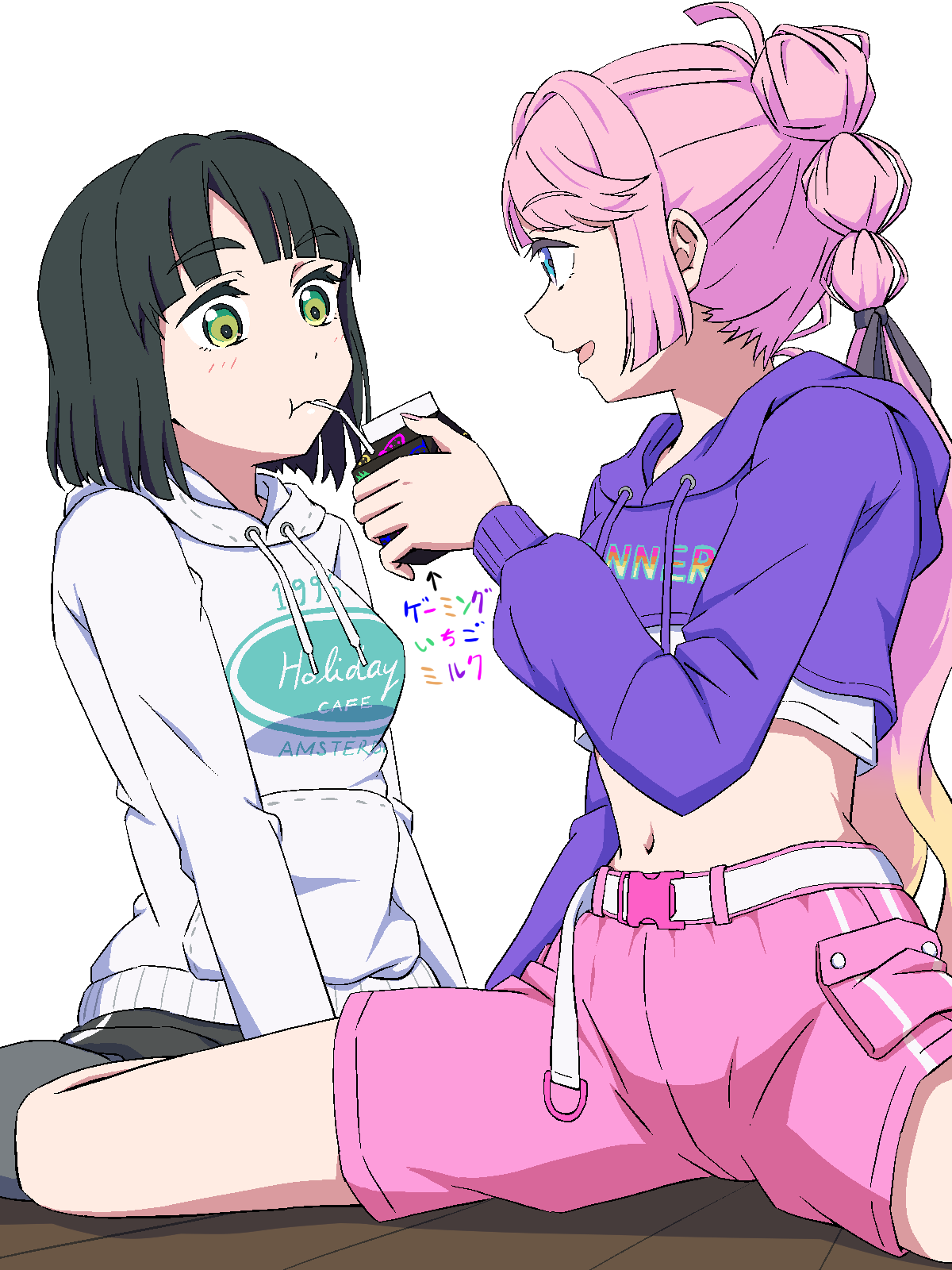 2girls ahoge anyoji_hime anyoji_hime_(summer_training_wear) arrow_(symbol) belt black_hair black_pantyhose black_ribbon black_shorts blonde_hair blue_eyes blunt_bangs blunt_ends bob_cut buckle closed_mouth clothes_writing commentary_request cropped_hoodie cropped_shirt drinking drinking_straw drinking_straw_in_mouth gradient_hair green_eyes hair_intakes hair_ribbon highres holding holding_milk_carton hood hoodie link!_like!_love_live! long_belt long_hair long_sleeves looking_at_another love_live! matsu_038 midriff milk_carton momose_ginko momose_ginko_(summer_training_wear) multi-tied_hair multicolored_hair multiple_girls navel official_alternate_costume on_floor open_mouth pantyhose pantyhose_under_shorts pink_hair pink_shorts ponytail ribbon sharing_food short_hair shorts sidelocks simple_background sitting snap-fit_buckle spread_legs swept_bangs translation_request very_long_hair virtual_youtuber white_background white_belt white_hoodie