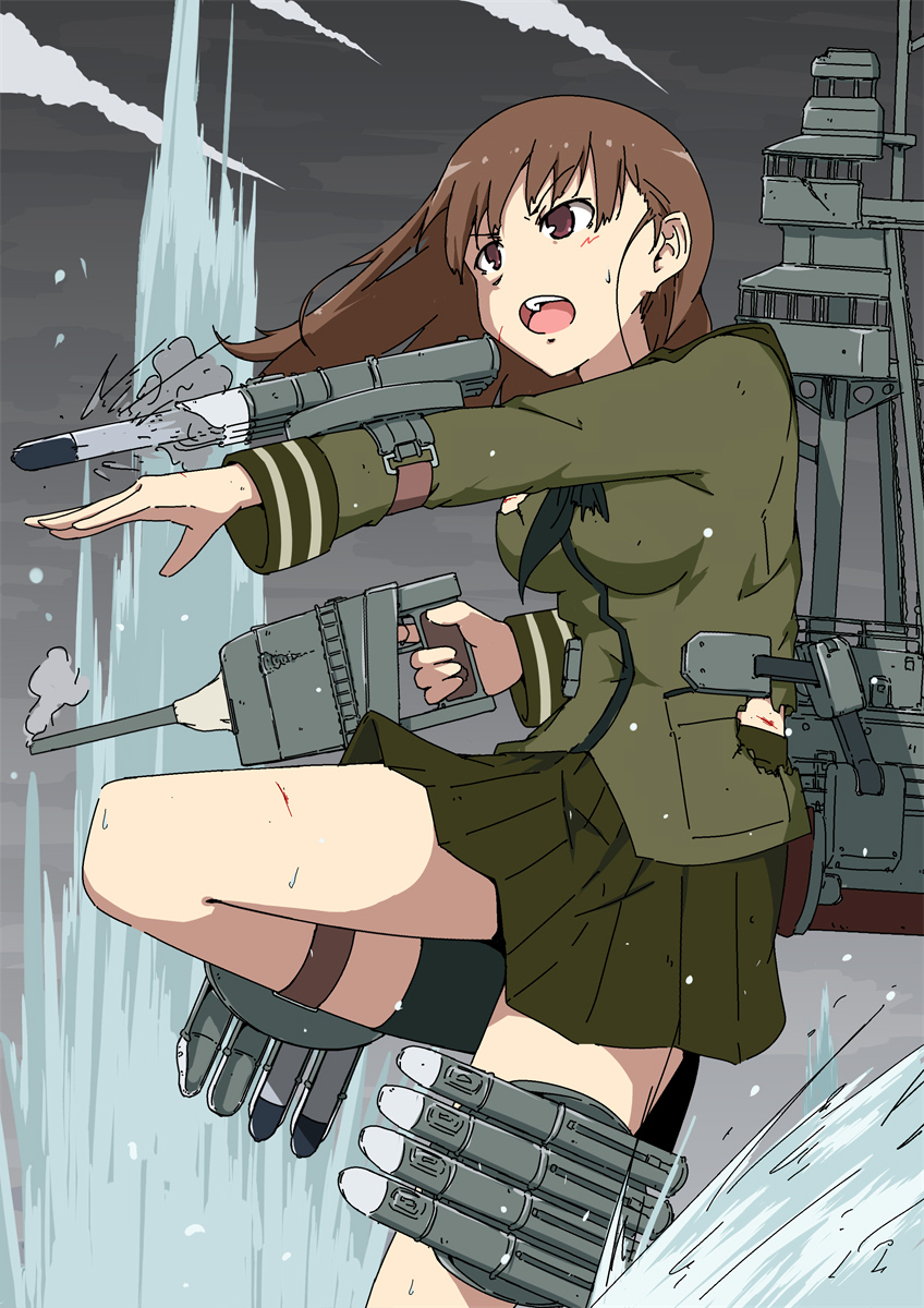 1girl black_neckerchief brown_eyes brown_hair commentary_request cowboy_shot green-shirt green_sailor_collar green_serafuku green_shirt green_skirt highres kantai_collection long_hair long_sleeves machinery neckerchief necono_(nekonosora1207) ooi_(kancolle) ooi_kai_(kancolle) pleated_skirt sailor_collar school_uniform serafuku shirt skirt solo torpedo torpedo_launcher
