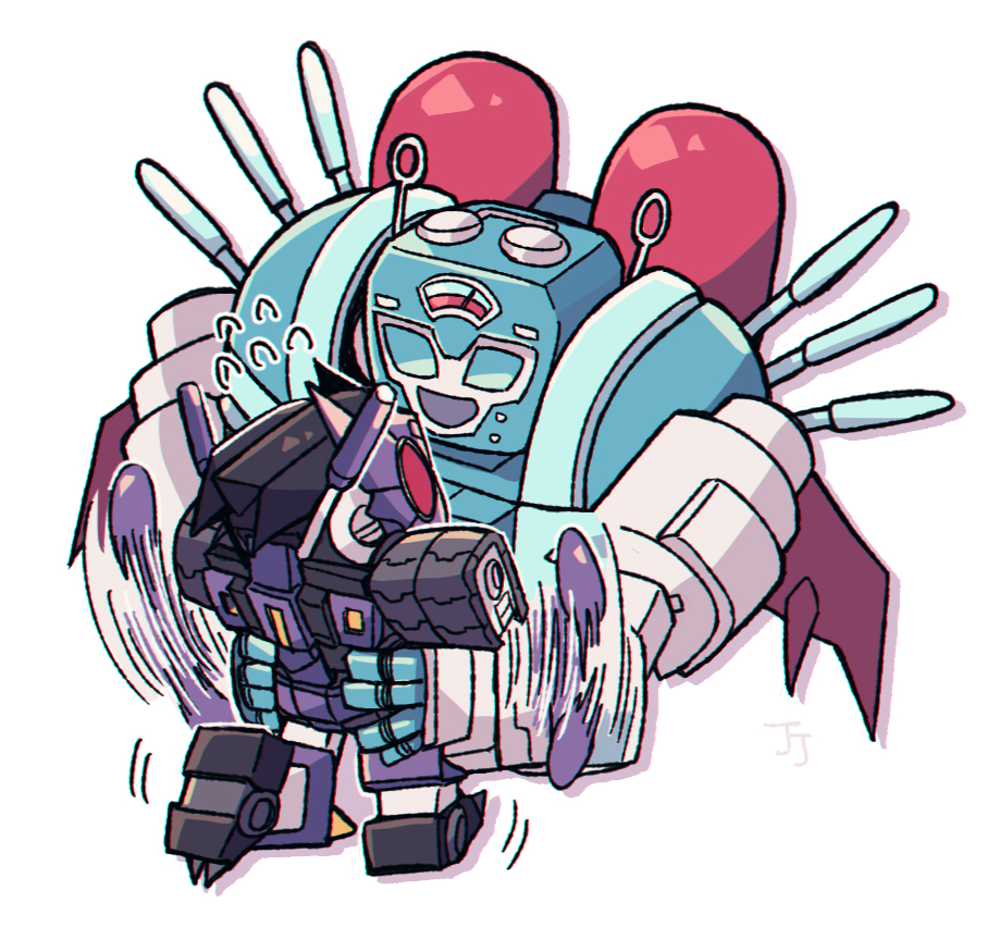 blue_eyes holding humanoid_robot jetpack nickel_(transformers) ok_jeja red_eyes robot robot_girl simple_background size_difference tarn the_transformers_(idw) transformers white_background