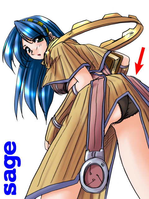 1girl 2000s_(style) accidental_exposure ass bent_over black_panties blue_hair blush breasts brown_capelet brown_gloves brown_skirt capelet character_name commentary_request cowboy_shot fingerless_gloves gloves green_eyes leaning_forward long_hair looking_at_viewer looking_back medium_breasts panties ragnarok_online sage_(ragnarok_online) simple_background skirt solo striped_capelet striped_clothes striped_gloves striped_skirt tatsumi_ray underwear white_background