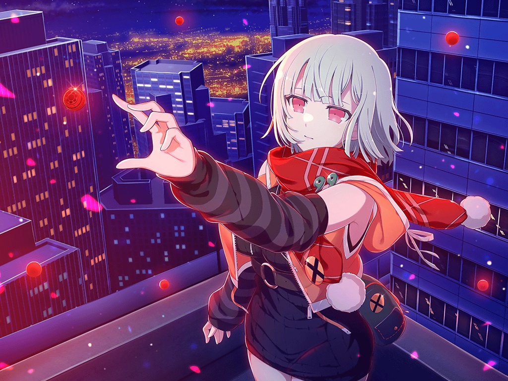 1girl breasts cityscape closed_mouth detached_sleeves green_hair hood hoodie large_breasts magatama marble_(toy) medium_hair naraku_(senran_kagura) night official_art orange_hoodie pink_eyes reaching red_scarf rooftop scarf senran_kagura senran_kagura_new_link smile stocks sweater
