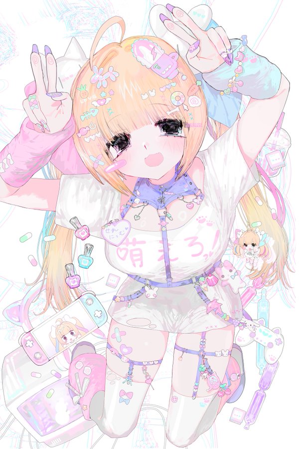 1girl ahoge animal_ears arms_up asymmetrical_legwear bandages bandaid black_eyes blonde_hair blush boots bracelet breasts cat_ears chibi chibi_inset cleavage collar controller double_v dress fingernails full_body game_controller garter_straps hair_ornament heart jewelry kneeling large_breasts long_hair long_sleeves looking_at_viewer mismatched_legwear monitor multicolored_hair nail_art nail_polish necklace nintendo_switch open_mouth original pakiruchang pill ring smile solo star_(symbol) sticker stuffed_toy thighhighs twintails v very_long_hair yami_kawaii