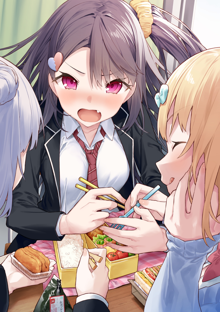 3girls :q akizuki_kei black_hair black_jacket blazer blonde_hair blue_sweater bow breasts broken_heart broken_heart_hair_ornament brown_necktie chopsticks closed_eyes closed_mouth collared_shirt commentary_request curtains day diagonal-striped_clothes diagonal-striped_necktie fang food_request fork grey_hair hair_between_eyes hair_bun hair_ornament hair_scrunchie heart heart_hair_ornament holding holding_chopsticks holding_fork indoors itou_chieri jacket long_hair long_sleeves multiple_girls munakata_hinano necktie one_side_up open_clothes open_jacket open_mouth original purple_eyes red_bow school_uniform scrunchie shirt small_breasts smile striped_clothes sunlight sweater tokuno_yuika tongue tongue_out v-shaped_eyebrows white_shirt window yellow_scrunchie
