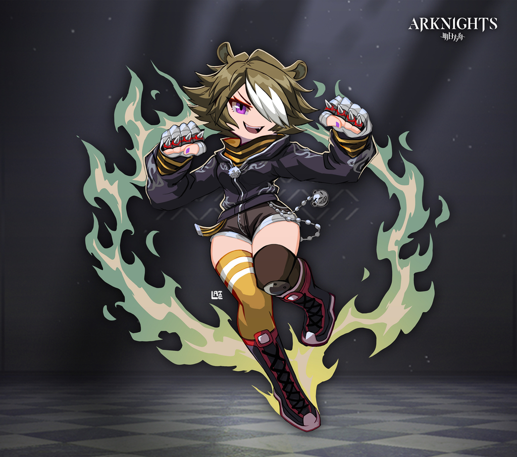1girl :d animal_ears arknights asymmetrical_legwear bandaged_hand bandages bear_ears bear_girl beehunter_(arknights) black_boots black_jacket black_shorts boots brass_knuckles brown_hair brown_legwear fangs full_body hair_over_one_eye jacket knee_boots lataedelan looking_at_viewer mismatched_legwear nail_polish open_mouth purple_eyes purple_nails short_hair shorts smile solo v-shaped_eyebrows weapon yellow_legwear