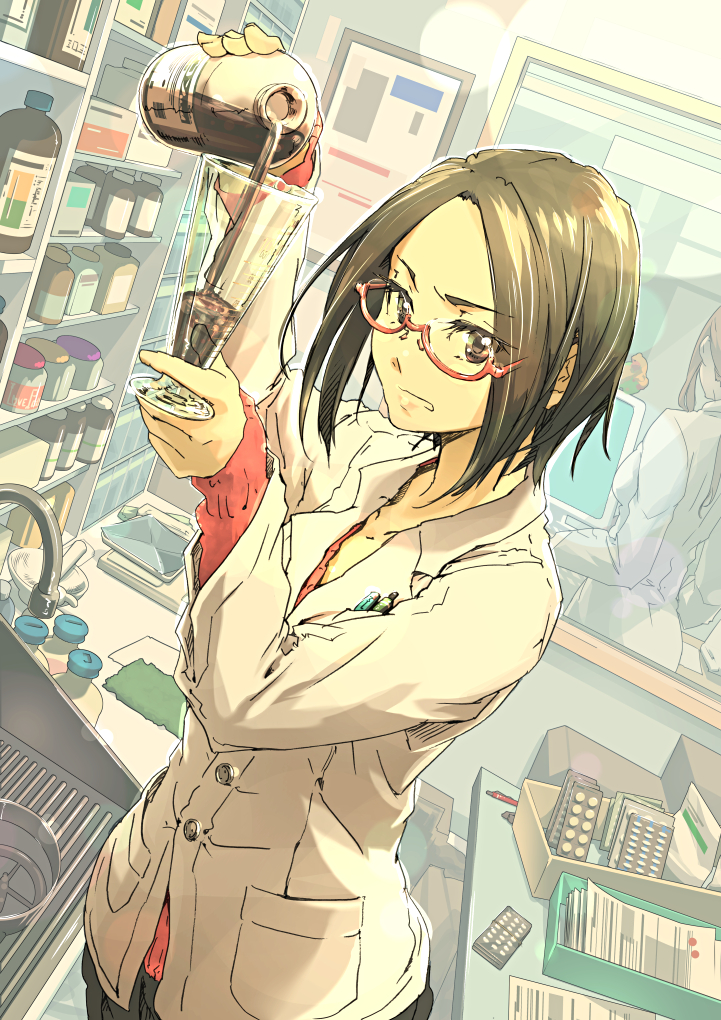2girls bottle brown_hair closed_lab_coat glasses indoors lab_coat looking_at_viewer medium_hair mirror multiple_girls original paper pen pestle pill pocket red-framed_eyewear sink solo_focus standing supe_(yuusyasupepen) weighing_scale window
