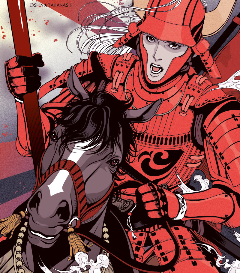 1boy armor artist_name commentary_request helmet holding holding_pole horse horseback_riding japanese_armor kabuto_(helmet) limited_palette long_hair looking_to_the_side male_focus open_mouth original pale_skin pole red_armor red_eyes riding samurai shaded_face solo spot_color takanashi_shin teeth upper_body white_hair