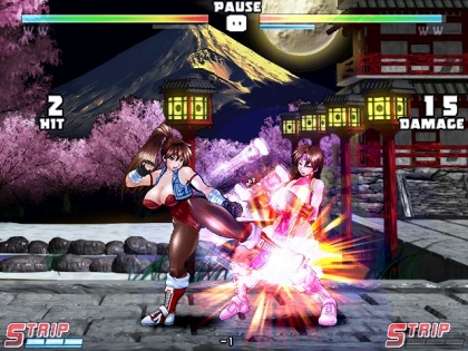 2girls breakers breakers_revenge breasts brown_hair chinese_clothes cleavage covered_erect_nipples fighting_stance gloves headband jacket kicking large_breasts leotard lowres multiple_girls open_mouth pantyhose ponytail ryona shin_(studios) strip_fighter_v thigh_gap tia_langray wrist_wrap
