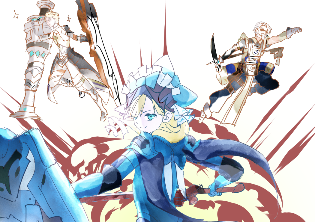 1girl 2boys blue_eyes bunet_(fire_emblem) closed_mouth fire_emblem fire_emblem_engage holding holding_cannon holding_shield madeline_(fire_emblem) mature_male multiple_boys nintendo shield shoochiku_bai smile vander_(fire_emblem)