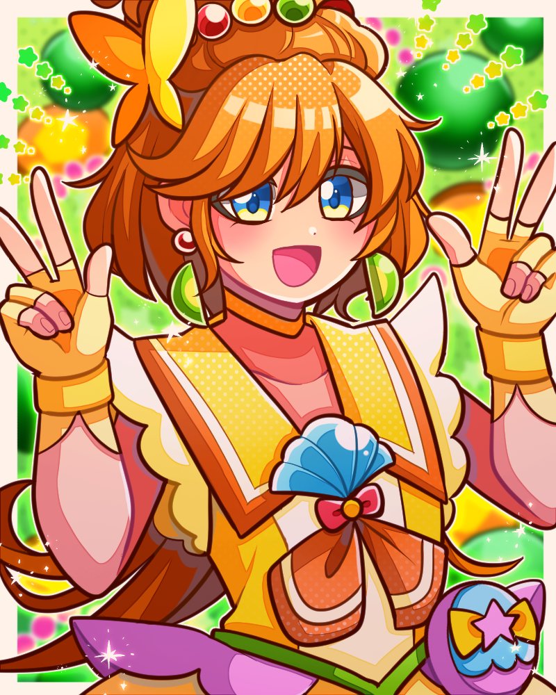 1girl 1jumangoku bare_arms bare_shoulders blue_eyes blurry blurry_background border bow brown_hair butterfly_hair_ornament choker collar collarbone collared_dress commentary_request cowboy_shot cure_papaya double_v dress earrings eyelashes fingerless_gloves fingernails floating_earring food food-themed_earrings frilled_collar frills fruit fruit_background gloves green_background hair_bobbles hair_bun hair_ornament ichinose_minori jewelry light_blush lime_(fruit) lime_slice looking_at_viewer magical_girl neckerchief open_mouth orange_neckerchief outside_border precure purple_bag red_bow seashell shell shell_brooch short_hair simple_background single_hair_bun sleeveless sleeveless_dress smile solo sparkle sphere_earrings star_(symbol) tropical-rouge!_precure v white_border yellow_choker yellow_dress yellow_gloves