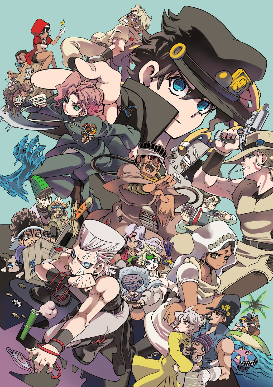 3girls 6+boys anubis_(stand) boingo daniel_j._d&#039;arby dark-skinned_male dark_blue_moon dark_skin dio_brando dog ebony_devil emperor_(stand) enya_geil everyone forever_(jojo) geb_(stand) hanged_man_(stand) high_priestess_(stand) highres hol_horse iggy_(jojo) j._geil j_geil jean_pierre_polnareff jojo_no_kimyou_na_bouken joseph_joestar joseph_joestar_(old) kakyoin_noriaki kuujou_joutarou lovers_(stand) mannish_boy mariah_(jojo) midler mohammed_avdol multiple_boys multiple_girls muscular natsuno_(veryroll) nena oingo pet_shop rubber_soul sethan_(stand) stand_(jojo) terence_t._d&#039;arby tower_of_grey_(stand) vanilla_ice