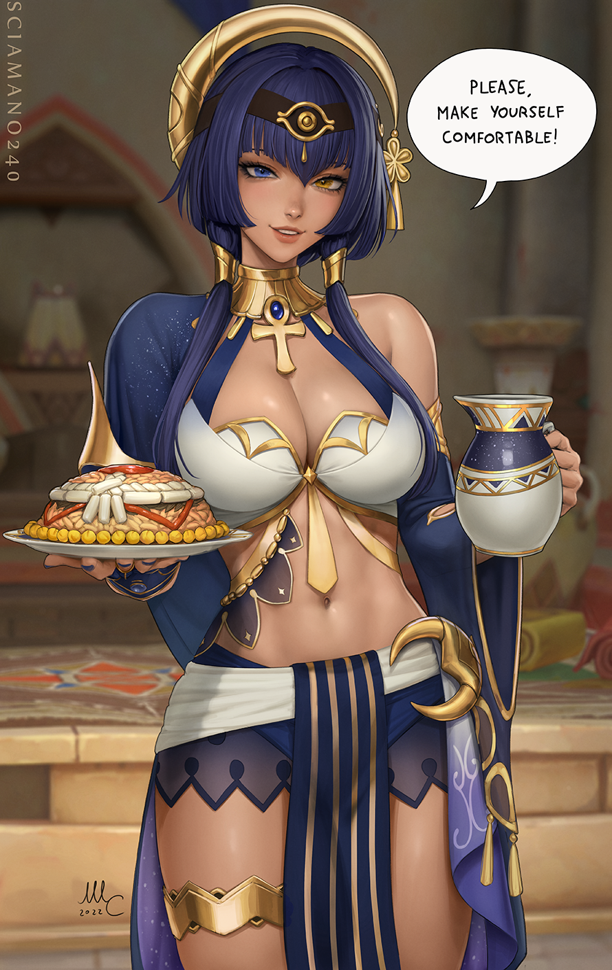 1girl 2022 ancient_egyptian_clothes artist_name blue_eyes blue_gemstone blue_hair blue_nails blurry blurry_background breasts brooch candace_(genshin_impact) cleavage commentary cowboy_shot dark-skinned_female dark_skin detached_sleeves english_commentary english_text eye_of_horus food gem genshin_impact gold_trim hair_over_shoulder heterochromia highres holding holding_food holding_jug holding_plate jewelry large_breasts lips looking_at_viewer nail_polish navel neck_ring parted_lips pelvic_curtain pitcher_(container) plate sciamano240 short_hair_with_long_locks sidelocks signature single_bare_shoulder skirt smile solo speech_bubble standing stomach teeth thighlet thighs wide_sleeves yellow_eyes