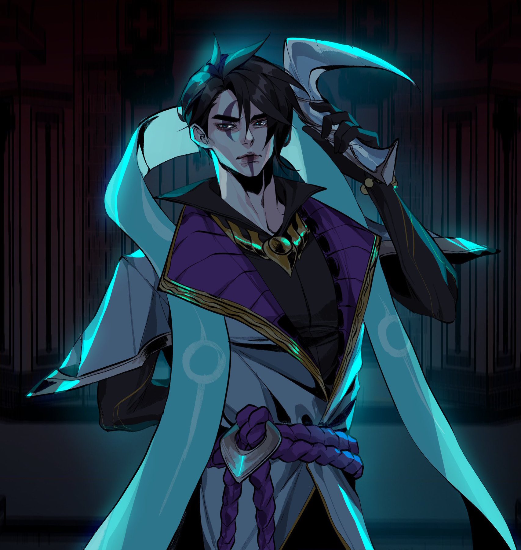 1boy aphelios arm_behind_back armband black_hair black_shirt blue_eyes crescent crescent_necklace facial_mark facial_tattoo gun hair_between_eyes highres holding holding_weapon jacket jewelry jjolee khopesh league_of_legends looking_at_viewer male_focus necklace shirt short_hair tattoo traditional_clothes weapon