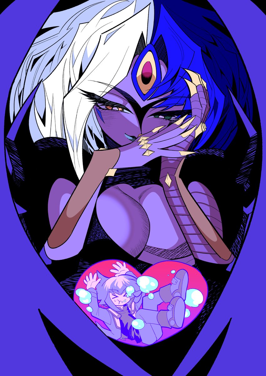 &gt;_&lt; 1boy 1other aqua_leotard blue_hair breasts cleavage green_eyes heart heterochromia highres large_breasts leotard multicolored_hair orange_eyes poniponi_funnu purple_skirt skirt solo_focus third_eye two-tone_hair upper_body white_hair yu-gi-oh! yu-gi-oh!_gx yubel yuki_judai