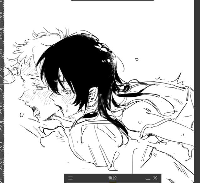 1boy 1girl blush grey_hair greyscale hair_between_eyes hetero implied_sex long_hair monochrome multiple_boys original qyzhiaiyisheng saliva sketch strap_slip sweat tears tongue tongue_out