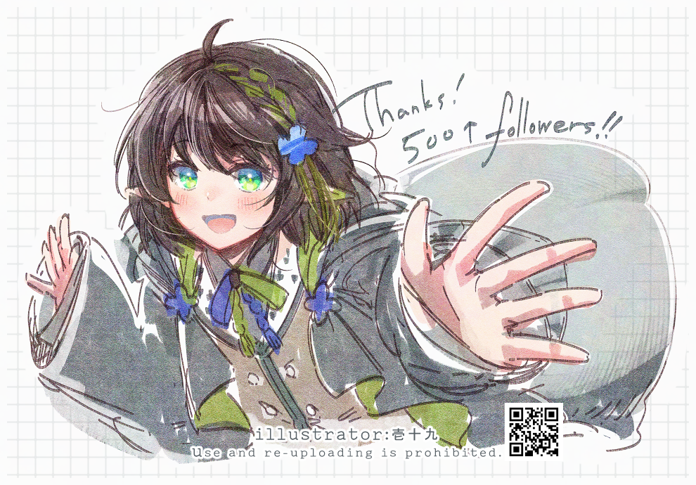 1girl :d ahoge black_jacket blush brown_jacket collared_shirt english_text green_eyes green_hair grey_background grid_background hair_between_eyes hood hood_down hooded_jacket ittokyu jacket long_sleeves looking_at_viewer milestone_celebration multicolored_hair open_mouth original pointy_ears qr_code shirt sleeves_past_wrists smile solo streaked_hair watermark white_shirt