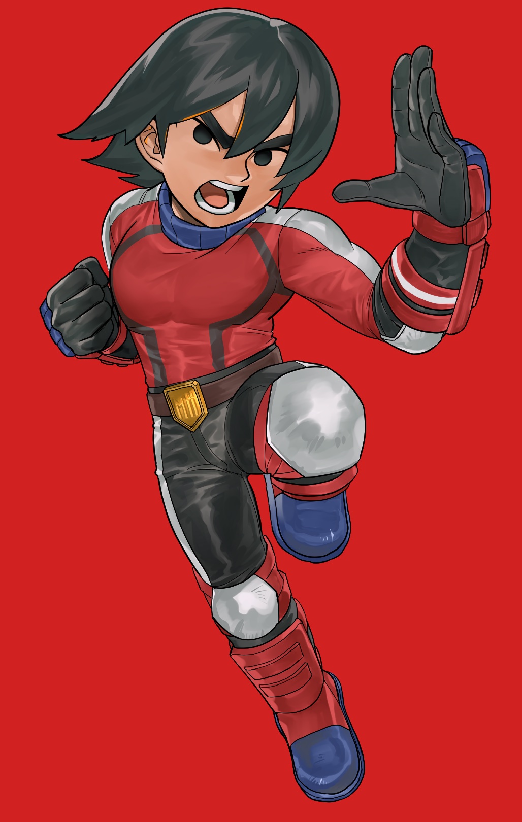 1boy arm_guards belt black_eyes black_gloves black_hair black_pants boots clenched_hand dancho_no_mori fighting_stance full_body gloves hair_between_eyes hands_up highres knee_pads knee_up leg_up light_trail long_sleeves looking_at_viewer male_focus mii_brawler mii_brawler_(smash_ultimate) nintendo no_sclera open_hand pants red_background red_boots red_shirt red_sweater shirt short_hair simple_background solo standing standing_on_one_leg super_smash_bros. sweater teeth v-shaped_eyebrows