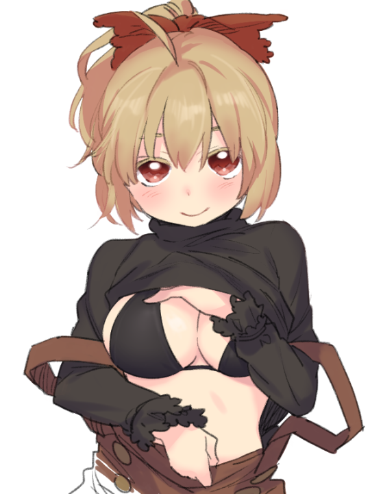 1girl black_bra blonde_hair blush bra brown_eyes clothes_lift female_focus hair_ornament hair_ribbon kurodani_yamame long_sleeves looking_at_viewer looking_up pine_(pine-box) ponytail ribbon shirt shirt_lift simple_background smile solo touhou turtleneck underwear upper_body white_background