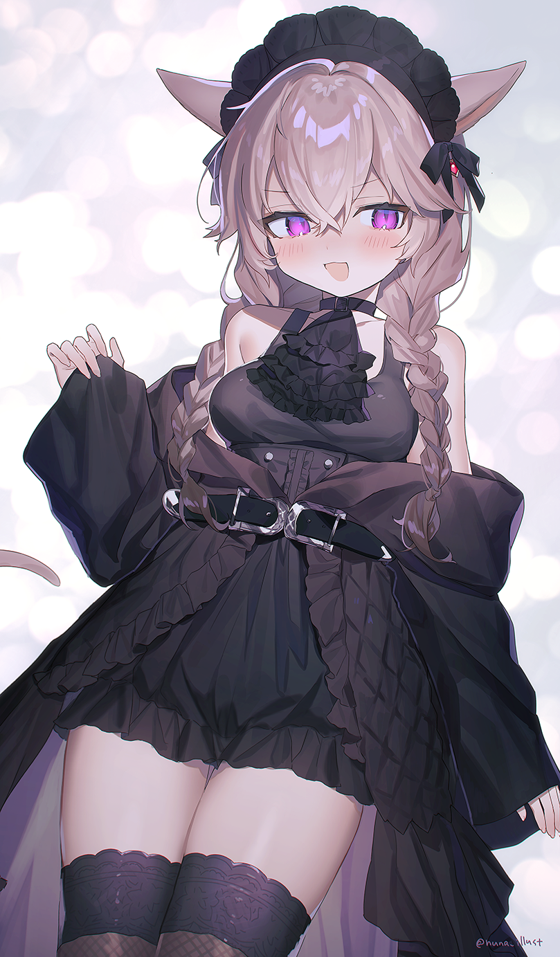 1girl animal_ears ascot bare_shoulders belt black_ascot black_belt black_choker black_coat black_dress black_thighhighs braid breasts brown_hair cat_ears cat_girl cat_tail center_frills choker coat commentary_request cosplay dress final_fantasy final_fantasy_xiv fishnet_thighhighs fishnets frilled_dress frills funa_(sakana) gaia_(ff14) gaia_(ff14)_(cosplay) hair_between_eyes highres light_blush long_hair low_twin_braids medium_breasts miqo&#039;te off_shoulder open_clothes open_coat open_mouth original purple_eyes sleeves_past_wrists solo tail thighhighs thighs twin_braids warrior_of_light_(ff14) wide_sleeves