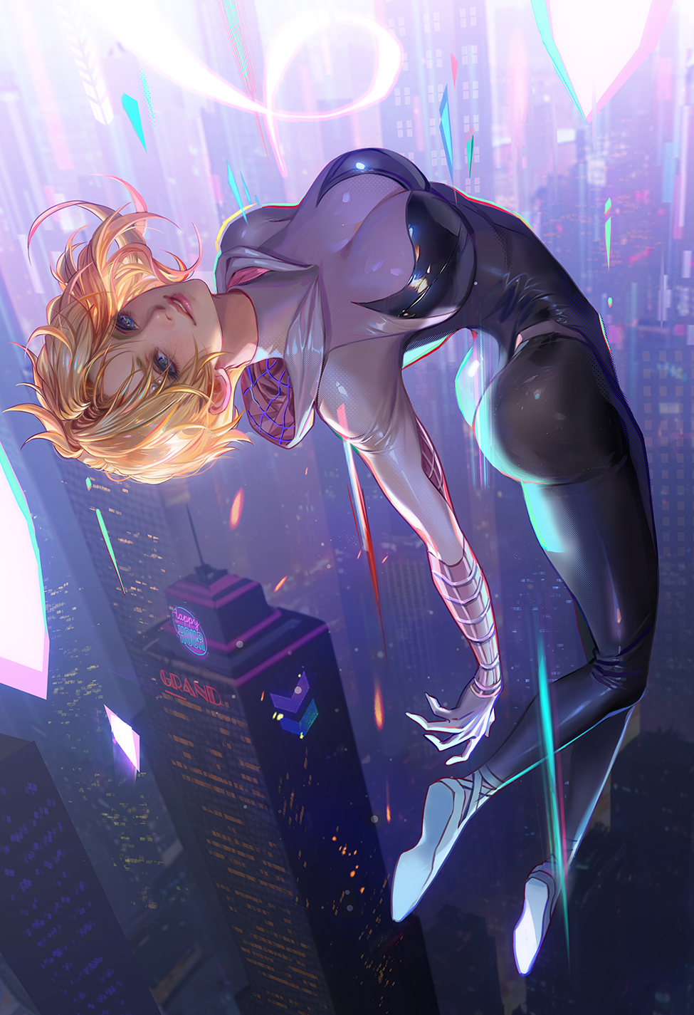 1girl arched_back ass black_bodysuit blonde_hair blue_eyes bodysuit breasts building city cityscape cleavage commentary english_commentary fan_yang_(jiuge) grin gwen_stacy highres hood hooded_bodysuit large_breasts looking_at_viewer marvel multicolored_bodysuit print_bodysuit red_bodysuit short_hair skin_tight skyscraper smile solo spider-gwen spider-man:_across_the_spider-verse spider-man_(series) spider-verse superhero_costume white_bodysuit