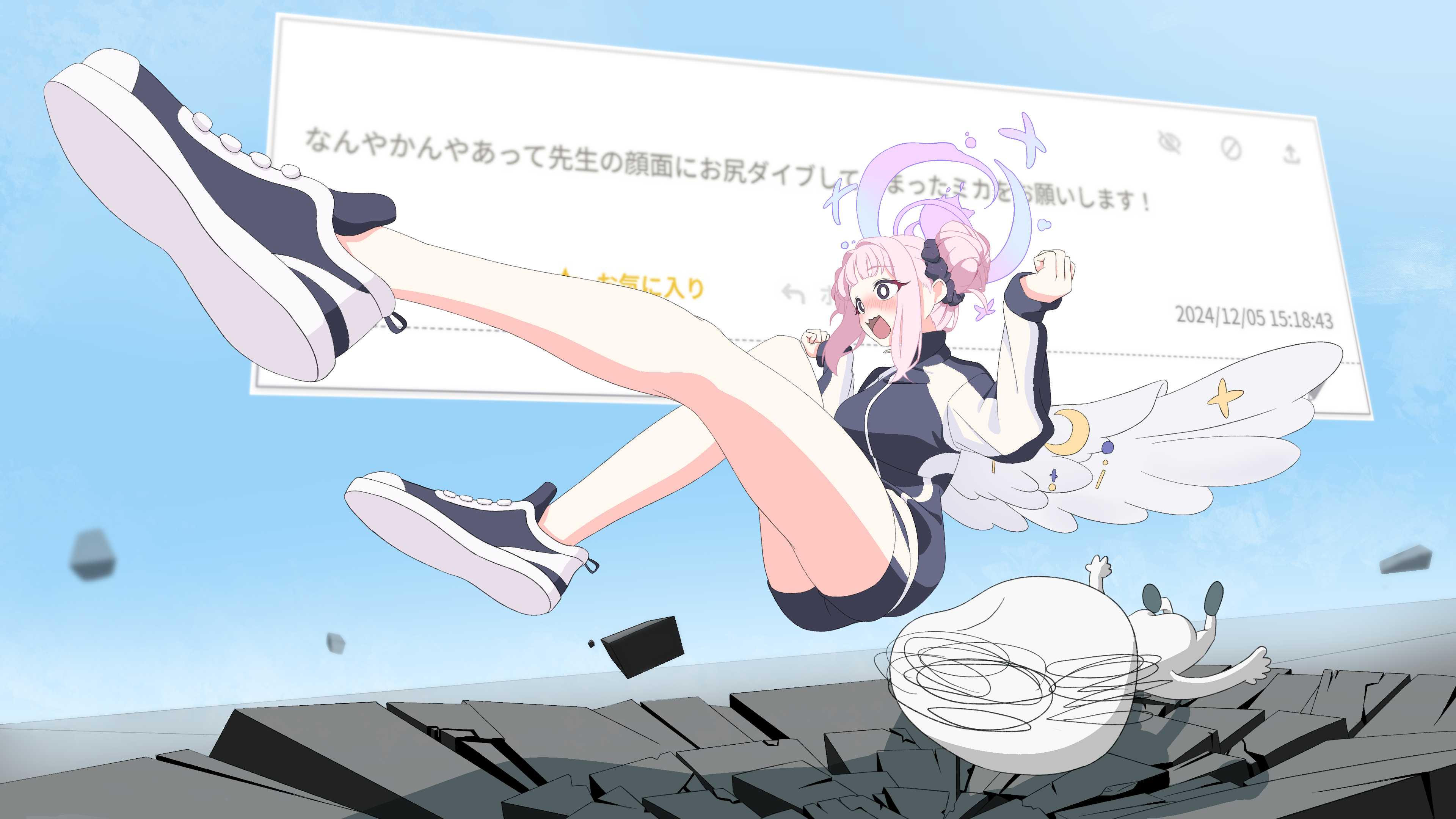 1boy 1girl absurdres angel_wings black_eyes black_footwear black_jacket black_scrunchie black_shorts blue_archive blue_background blush clenched_hands commentary_request doodle_sensei_(blue_archive) double_bun falling feathered_wings ground_shatter gym_uniform hair_bun hair_ornament hair_scrunchie halo hands_up highres jacket legs long_sleeves low_wings mika_(blue_archive) mika_(track)_(blue_archive) multicolored_jacket odaibako open_mouth pink_hair purple_halo request_inset scrunchie sensei_(blue_archive) shoes short_shorts shorts sidelocks sneakers subete_wo_subetarou translation_request two-tone_jacket white_jacket white_wings wings
