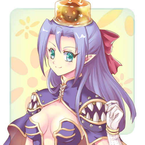 1girl alternate_color blue_eyes bow breasts cape closed_mouth commentary_request creator_(ragnarok_online) dress gloves hair_bow long_hair looking_at_viewer lowres medium_breasts plunging_neckline pointy_ears purple_cape purple_dress purple_hair ragnarok_online red_bow shijou_satori slime_(creature) smile solo strapless strapless_dress upper_body vanilmirth_(ragnarok_online) white_gloves