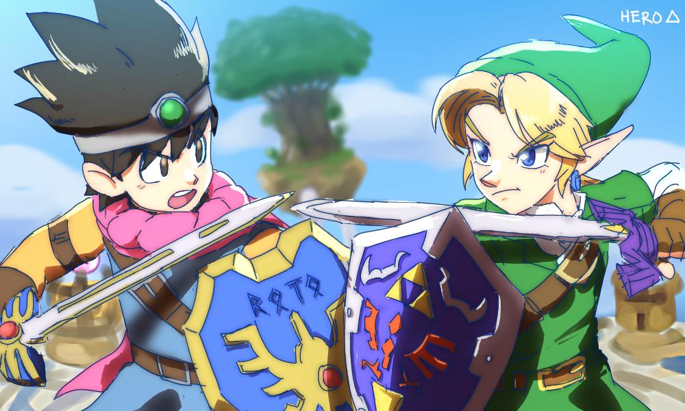2boys armor artist_request blonde_hair brown_hair cape circlet dragon_quest dragon_quest_iii earrings gloves hanauna hat hiyama_nobuyuki hylian_shield jewelry link male_focus master_sword multiple_boys nintendo pointy_ears roto_(dq3) shield short_hair simple_background super_smash_bros. sword tabard the_legend_of_zelda the_legend_of_zelda:_ocarina_of_time voice_actor_connection weapon