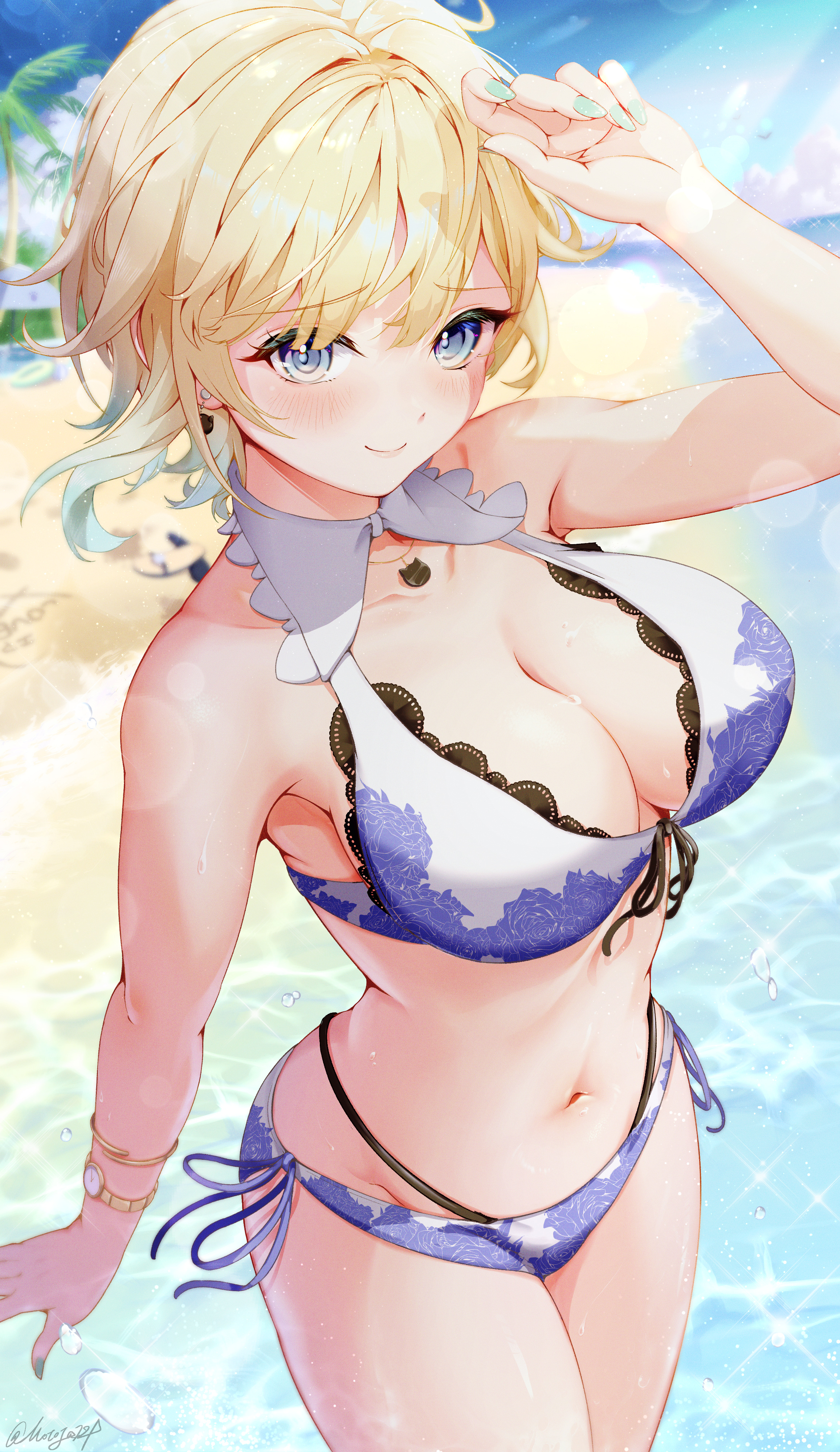 1girl absurdres aizawa_ema aizawa_ema_(summer_c102) alternate_hairstyle aqua_nails armpits beach bikini bikini_day blonde_hair blue_bikini blue_eyes blue_sky blush breasts cat_earrings closed_mouth day earrings floral_print_bikini front-tie_bikini_top front-tie_top gradient_hair highres jewelry large_breasts layered_bikini looking_at_viewer motoja_72p multicolored_hair nail_polish navel ocean outdoors palm_tree side-tie_bikini_bottom sky smile solo stomach swimsuit thighs tree virtual_youtuber vspo! watch white_bikini wristwatch