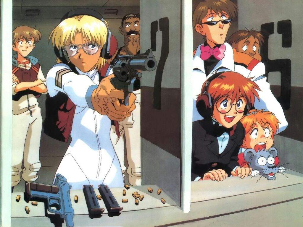 2girls 6+boys aiming animal_ears apron arrow_(symbol) arrow_print black-framed_eyewear black_bow black_bowtie black_collar black_footwear black_shirt black_suit blonde_eyebrows blonde_hair blue_eyes blue_hairband blush_stickers bodysuit bow bowtie brown_hair brown_jacket brown_pocket buttons cartridge cat_nose character_request child closed_mouth collar collared_jacket collared_shirt collared_suit crossed_arms cub ear_protection electra_(nadia) facial_hair fingernails formal_clothes freckles frilled_apron frills frown fushigi_no_umi_no_nadia gainax glasses grey_collar grey_fur gun hairband hand_on_own_chin handgun hanson_(nadia) happy holding holding_gun holding_weapon indoors jacket jean_roque_lartigue king_(nadia) light_brown_hair lion lion_ears long_sleeves looking_ahead magazine_(weapon) mandarin_collar marie_en_carlsberg multiple_boys multiple_girls mustache non-web_source number_print official_art open_mouth orange_collar orange_hair pistol pocket puffy_sleeves raised_eyebrow red_sleeves revolver round_eyewear sanson_(nadia) serious shirt shooting_range short_hair sleeves_rolled_up smile suit sunglasses surprised teeth tied_jacket training two-handed_handgun_grip two-tone_fur uniform upper_teeth_only v-shaped_eyebrows vent_(object) weapon whiskers white_apron white_bodysuit white_collar white_shirt white_sleeves white_suit wide-eyed yellow_sleeves