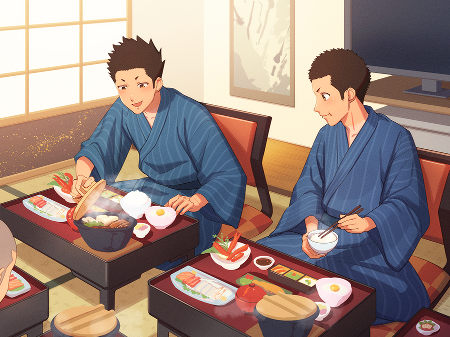 2boys bath_yukata black_hair blue_kimono bowl brown_eyes chopsticks cushion eating food holding holding_bowl holding_chopsticks japanese_clothes kimono male_focus multiple_boys open_mouth original rice rice_bowl ryokan short_hair shouji sitting slice_of_life sliding_doors soy_sauce spiked_hair striped_clothes striped_kimono table tatami television tettabuzz vertical-striped_clothes vertical-striped_kimono yukata zaisu