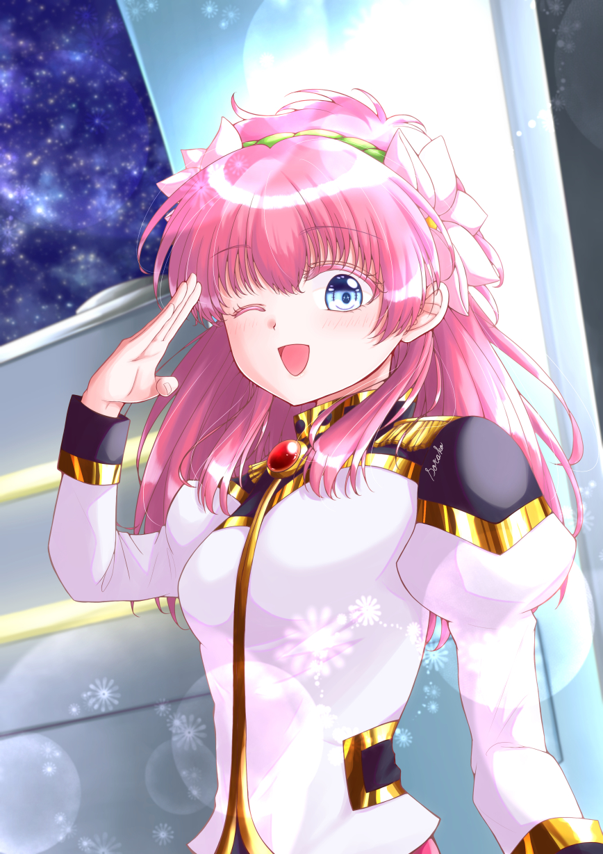 1girl blue_eyes galaxy_angel highres long_sleeves looking_at_viewer milfeulle_sakuraba pink_hair smile solo standing user_jhwk2555