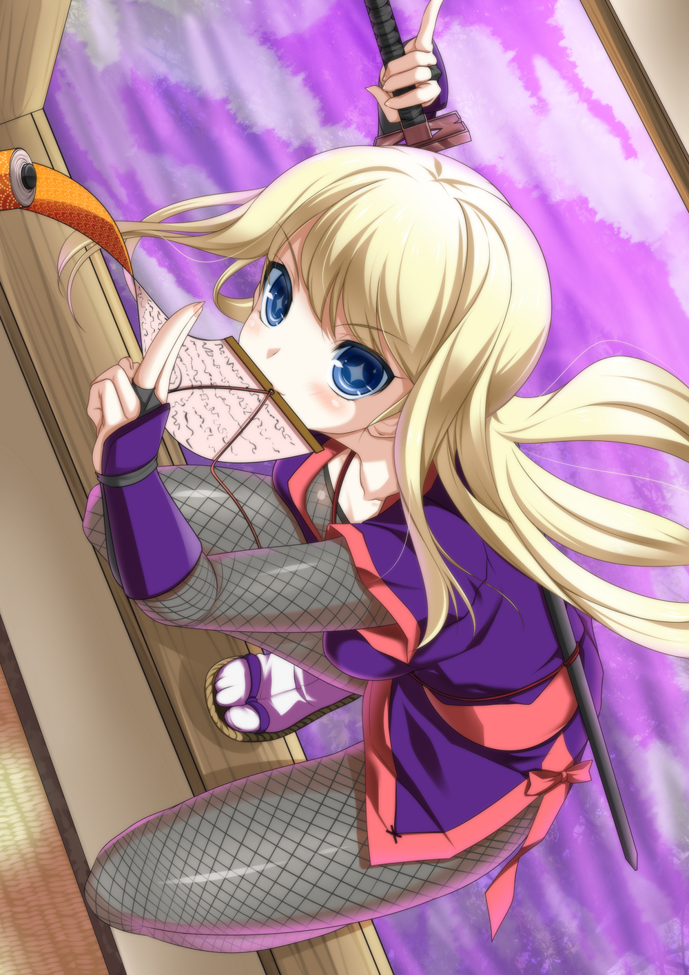 +_+ 1girl armor blonde_hair blue_eyes blush chloe_lemaire female_focus fishnet_socks fishnets girlfriend_(kari) highres japanese_armor katana kote long_hair mouth_hold ninja pinky_out sandals scroll socks solo sword toron_(mino106) weapon
