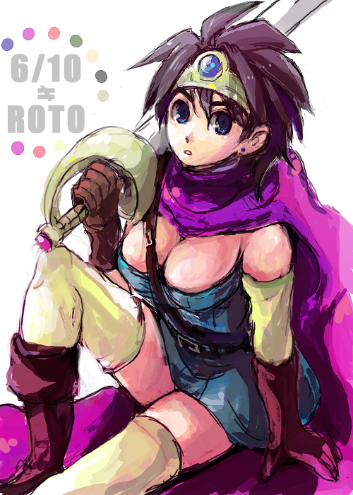 1girl aqua_eyes blue_dress blue_gemstone boots breasts brown_boots brown_gloves brown_hair cape character_name circlet cleavage commentary_request dated dragon_quest dragon_quest_iii dress earrings forehead_jewel gem gloves gold_circlet heroine_(dq3) holding holding_sword holding_weapon jewelry kiri_tampo knee_up large_breasts looking_to_the_side looking_up medium_hair open_mouth pink_cape roto_(dq3) sitting solo spiked_hair strapless strapless_dress stud_earrings sword thighhighs weapon white_background yellow_thighhighs