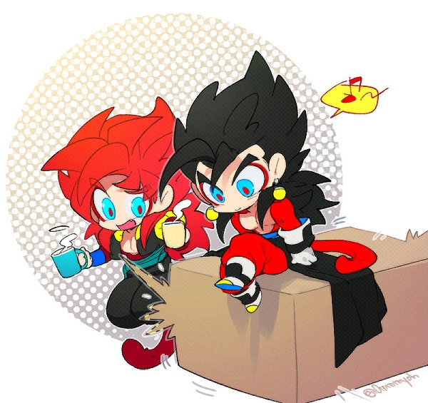 black_hair blue_eyes blue_sash chibi closed_mouth dougi dragon_ball dragon_ball_heroes earrings gloves gogeta_(xeno) jewelry long_hair male_focus metamoran_vest monkey_boy monkey_tail multiple_boys muscular muscular_male ommmyoh open_mouth pants potara_earrings red_fur saiyan sash smile spiked_hair super_saiyan super_saiyan_4 tail time_patrol_(dragon_ball) twitter_username vegetto_(xeno)