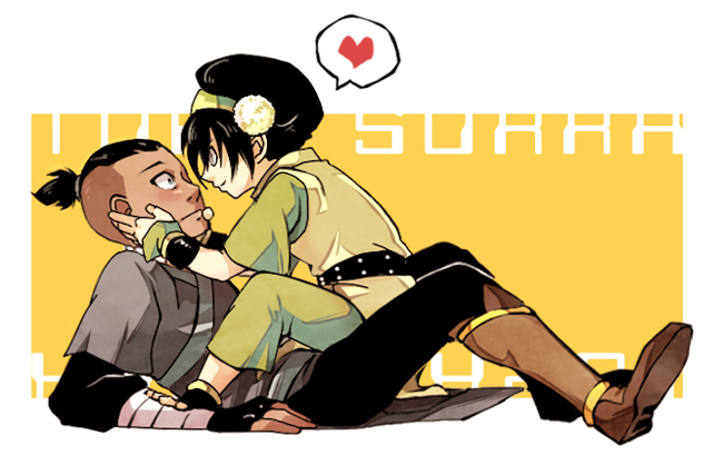 1boy 1girl assertive_female avatar:_the_last_airbender avatar_legends barefoot belt black_hair blind blush couple dark-skinned_male dark_skin eye_contact girl_on_top hand_on_head head_hold heart kakasye looking_at_another nickelodeon sitting sitting_on_person size_difference sokka straddling surprised toph_beifong upright_straddle