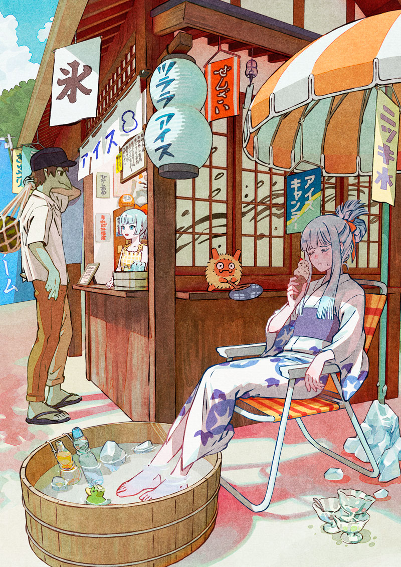 1boy 2girls architecture barefoot baseball_cap basin black_footwear black_headwear blue_hair blunt_bangs blunt_ends bottle building chair closed_eyes commentary creature day east_asian_architecture from_side hair_bun hair_ribbon hand_up hat holding holding_ice_cream_cone ice ice_cream_cone japanese_clothes kappa kimono lantern lounge_chair multiple_girls obi orange_pants original outdoors pants paper_lantern parasol ribbon rubber_duck sandals sash scenery shirt shop sidelocks sign single_hair_bun sitting soaking_feet summer tami_yagi umbrella water water_bottle white_kimono white_shirt yukata