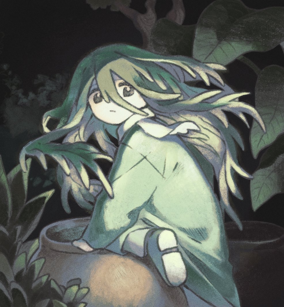 1other :/ black_eyes black_sky climbing closed_mouth commentary container double-parted_bangs english_commentary foliage foot_out_of_frame green_hair hair_between_eyes hand_rest knee_up leaf long_hair looking_at_viewer looking_back night original other_focus outdoors payage plant_hair pottery sky standing standing_on_one_leg vase very_long_hair wind