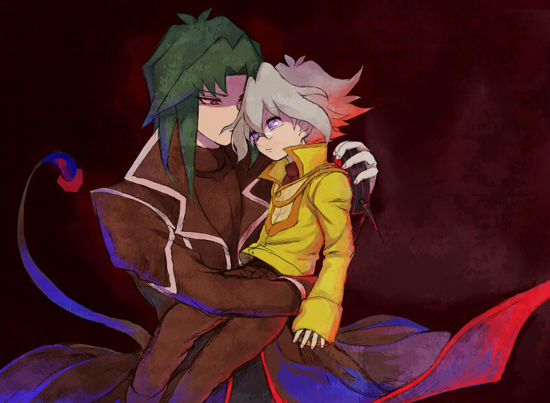 2boys brothers brown_coat brown_pants carrying carrying_person coat glasses grey_hair jacket long_sleeves looking_at_another male_focus marufuji_ryo marufuji_sho moiko multiple_boys pants purple_eyes siblings sleeves_past_wrists yellow_jacket yu-gi-oh! yu-gi-oh!_gx