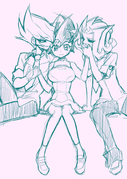 1girl 2boys breasts gender_request genderswap huge_breasts kamishiro_ryoga kifumi multiple_boys shingetsu_rei skirt tsukumo_yuma vector_(yu-gi-oh!) yu-gi-oh! yuu-gi-ou yuu-gi-ou_zexal