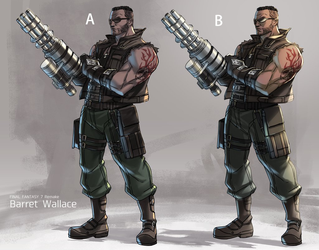 1boy arm_tattoo asymmetrical_hair barret_wallace beard belt black_gloves black_hair black_shirt black_tank_top boots brown_boots brown_vest character_name closed_mouth dark-skinned_male dark_skin decoponmagi dog_tags earrings facial_hair final_fantasy final_fantasy_vii final_fantasy_vii_remake gloves green_pants grey_background gun hand_on_own_arm holster jewelry male_focus multiple_belts pants popped_collar prosthetic_weapon shirt short_hair sidecut single_earring skull_tattoo solo standing sunglasses tank_top tattoo thigh_holster undercut very_short_hair vest weapon